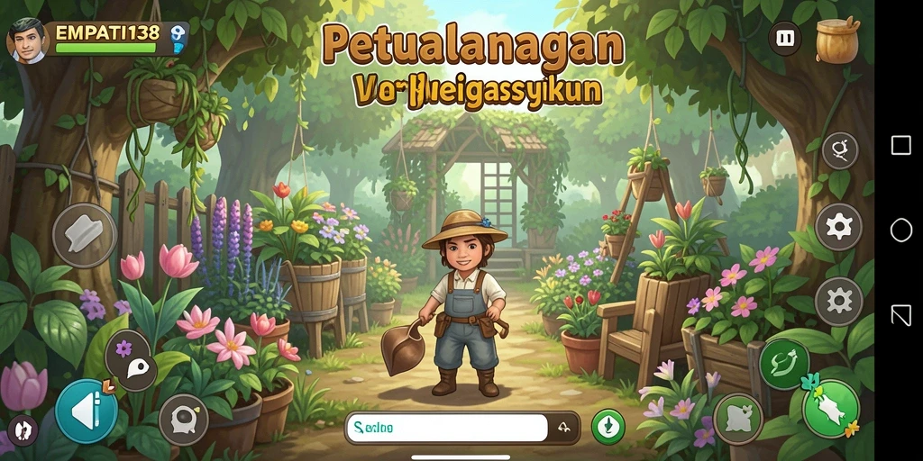 Screenshot gameplay <strong>EMPATI138</strong> menampilkan lahan yang subur dan tanaman beraneka ragam.