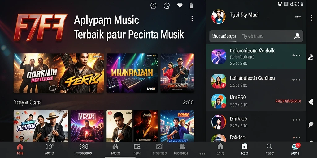 Screenshot F7F7 menampilkan antarmuka pengguna yang menarik dengan lagu-lagu terkenal.
