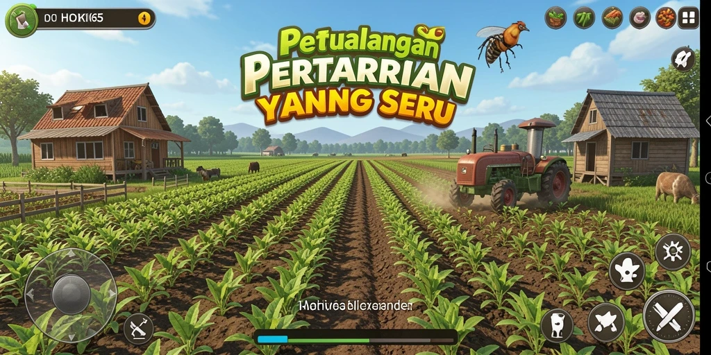 Screenshot gameplay HOKI65 menampilkan suasana pertanian yang aktif dan menarik.