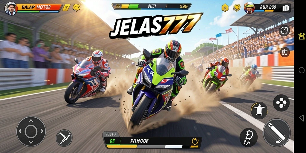 Screenshot gameplay JELAS777 dengan balapan motor yang mendebarkan.