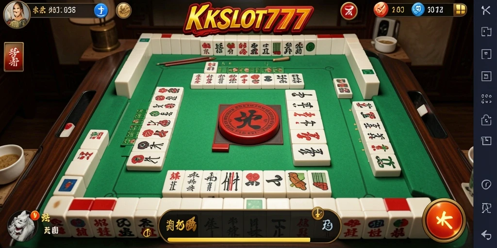 Tampilan gameplay seru di KKSLOT777 dengan ubin Mahjong berwarna-warni.